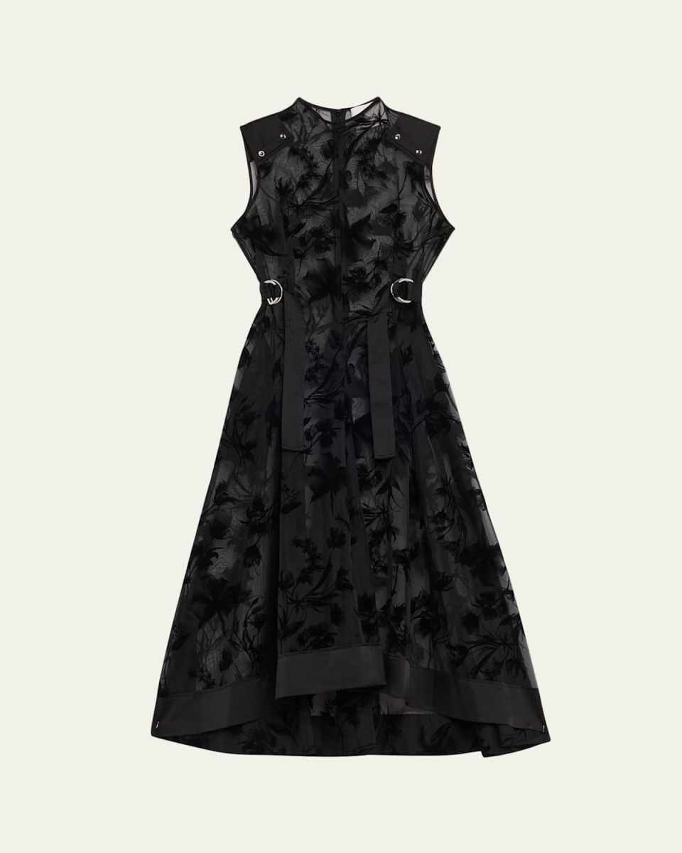 Sleeveless Flocked Organza Midi Dress
